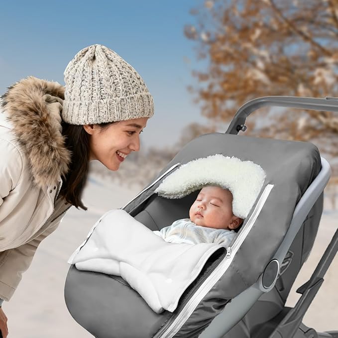 Car Seat Cover Baby Winter, Waterproof Carseat Covers Newborn Boy, Windproof Infant Car Seat Cover Warm & Breathable Use Universal Grey