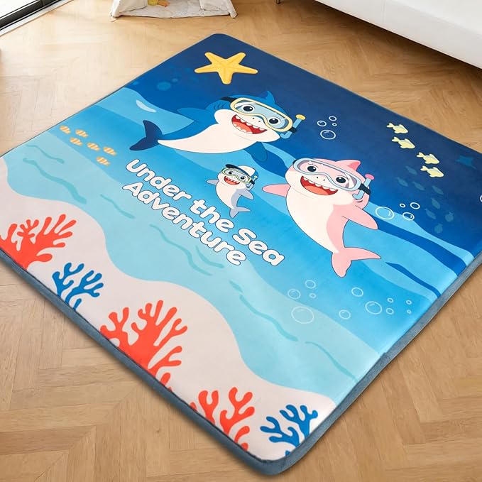RONGFA Baby Play Mat for Floor, 71'' x 59'' Thicken Foam Soft Padded Playmat for Tummy Time, Playpen Mat for Toddlers Infant Kids, Water-Repellent Coral Velvet, Non-Slip Bottom Safe for Crawling (SEA)