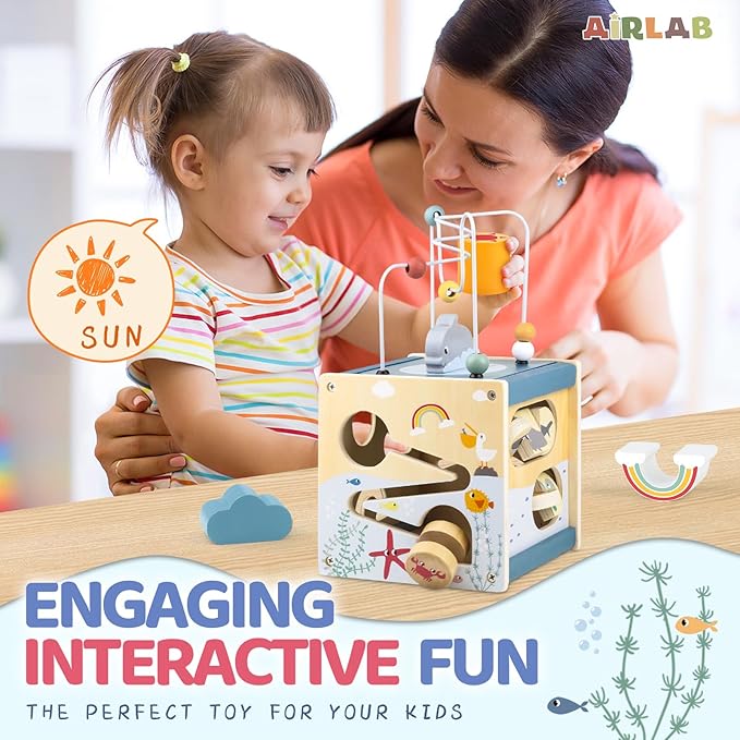 Airlab Wooden Activity Cube Montessori Toys for 1 Year Old Toddlers 12 Months + Toddler Learning Toys 1-3 Boys Girls Baby Sensory Interactive Birthday Gift
