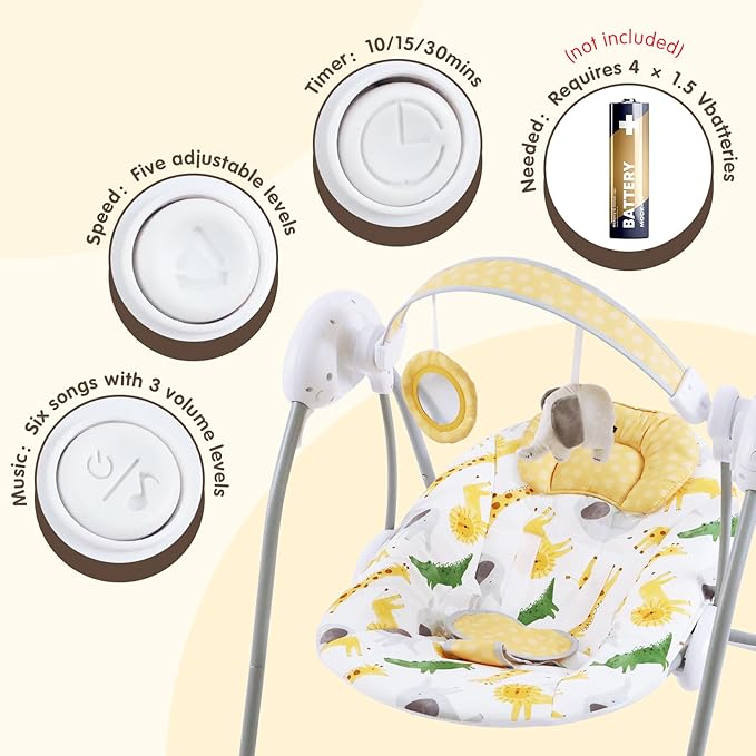Portable Baby Swing for Infants, Compact & Foldable Infant Swing with 5-Speed Swing,Music, Timer, Cushioned Seat, Battery Operated, 0-9 Months 6-20 lbs,SG2405