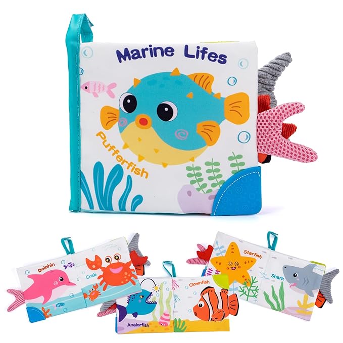 Love&Mini Baby Cloth Book Toys - Ocean Shark Crinkle Book with Teether, Touch & Feel Soft Books for Babies 6+ Months, Sensory Early Learning Toys, Baby Shower Gifts for Boys & Girls
