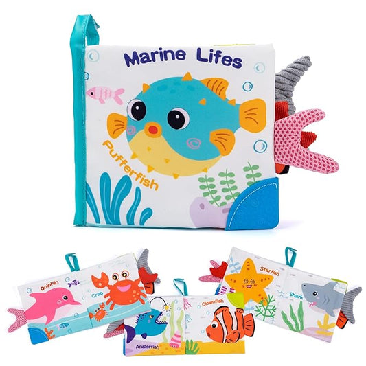 Love&Mini Baby Cloth Book Toys - Ocean Shark Crinkle Book with Teether, Touch & Feel Soft Books for Babies 6+ Months, Sensory Early Learning Toys, Baby Shower Gifts for Boys & Girls