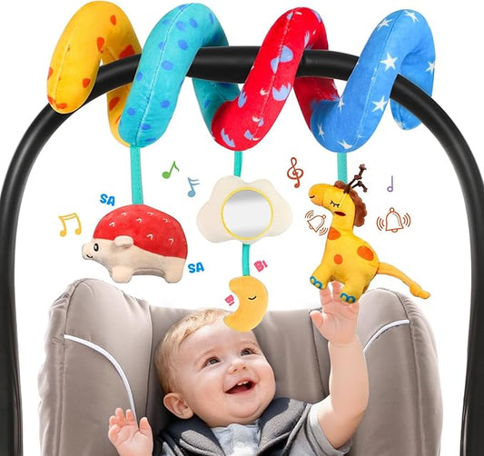 URMYWO Spiral Car Seat Toys for Babies 0-6 Months, Hanging Toy Fits Stroller, Sensory Baby Toy with Bell Crinkle Mirror, Newborn Shower Gifts for Baby Boys and Girls Essentials Stuff