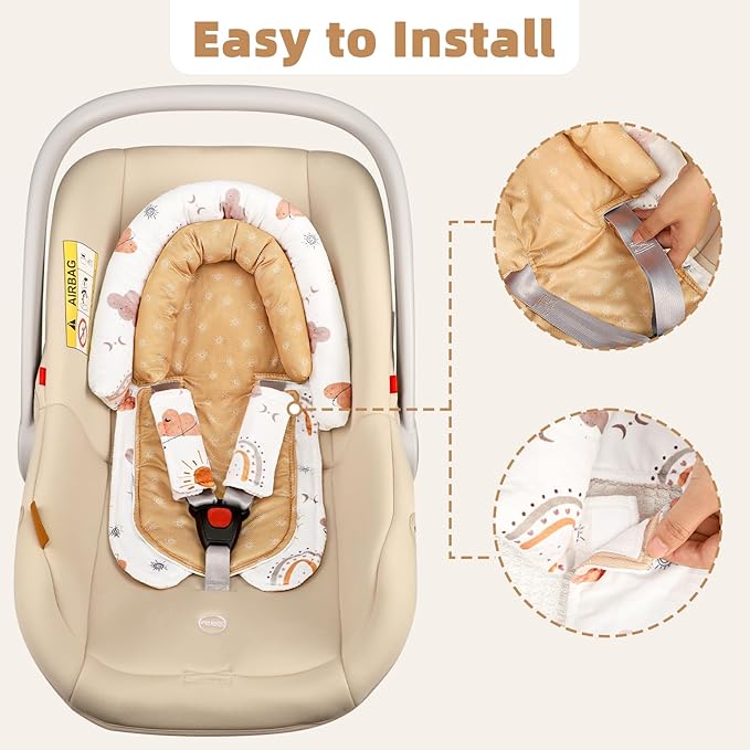 Baby Car Seat Head Support & Strap Covers, Upgraded 2-in-1 Infant Car Seat Insert Cushion for Newborn Girls, Perfect for Carseat, Stroller, Swing, Extra Soft, Boho Rainbow