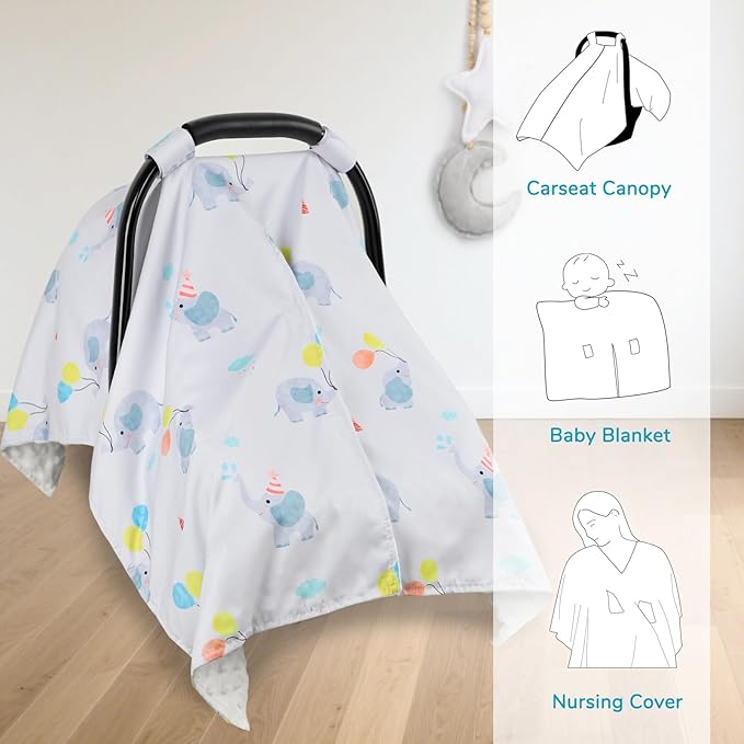 Baby Car Seat Cover, Peekaboo Opening Spring Car Seat Canopy for Baby Girls Boys, Mom Nursing Breastfeeding Covers, Blanket for Infant, Balloon Elephant (Grey)