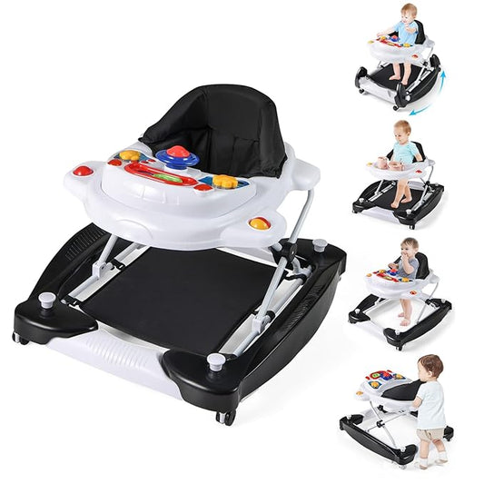 BABY JOY 6-in-1 Baby Walker, Foldable Baby Walker with Wheels, Adjustable Height, Music, Lights, Bouncer & Rocker Mode, Baby Walkers for Boys Girls 6-14 Months (Black)