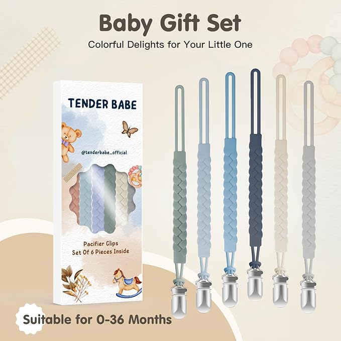 TenderBabe Silicone Pacifier Clip for Baby Boys and Girls, Pack of 6 Soft Flexible Paci Binky Clips with One-Piece Braided-Style Design,BPA-Free Newborn Essentials