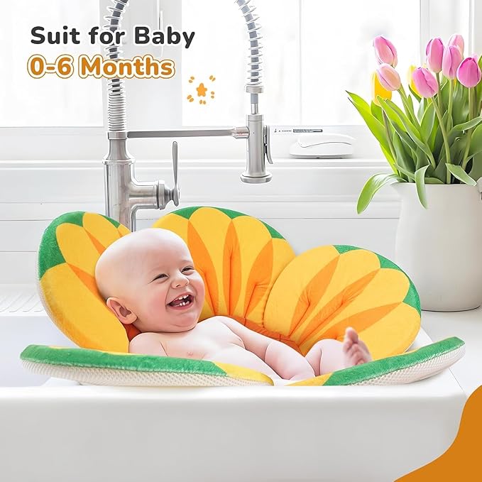 YooxArmor Baby Bath Pad for Infant Bathtub Sink, Non-Slip Flower Bathtub for Infants 0-6 Months, Soft Baby Sink Bath Cushion for Babies Bath Time, Newborns Bath Essentials Must Haves-Sunflower
