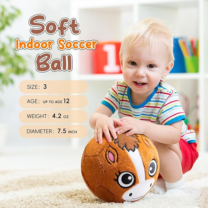 VangeBow Silent Indoor Soccer Balls for Toddlers 1-3, Inflatable Soft Plush Baby Toddler Soccer Ball Toys Gifts for 1 2 3 4 5 Year Old Boy Girl First Birthday Gift (Pony, Pump Include)