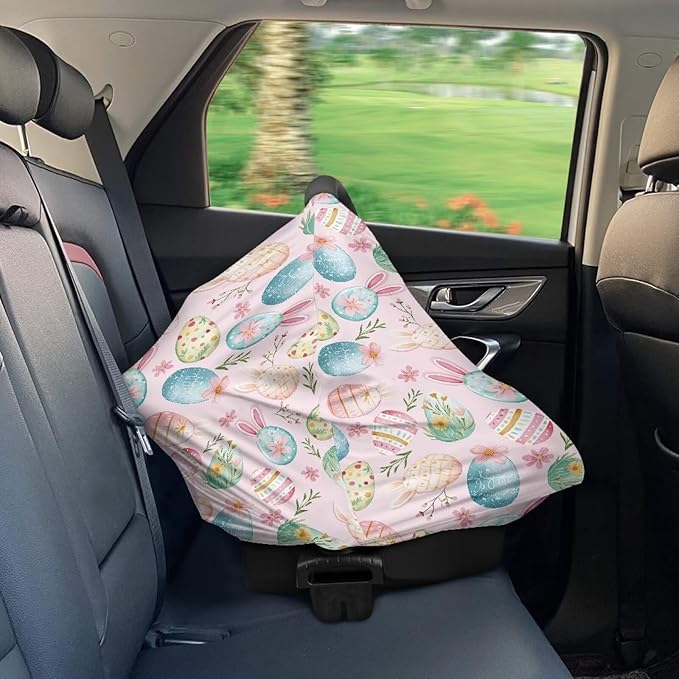 Wanyint Baby Car Seat Covers Carseat Canopy for Boys Girls, Multi-use Nursing Breastfeeding Covers Nursing Scarf for Breastfeeding Mothers, Easter Eggs Easter Rabbit Ears Flower Pink