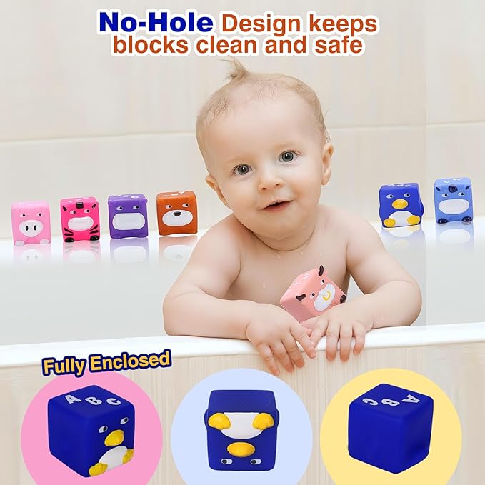 Soft Baby Blocks – Stacking & Building Toys for Babies and Toddlers –12 Pcs No Hole Squeeze Animal Blocks – Sensory Teething Toys for Infant 6 Months+