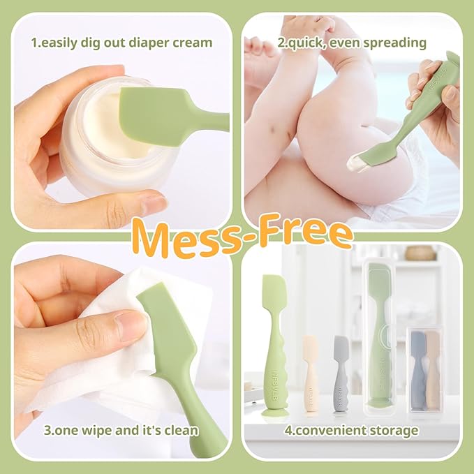 Diaper Cream Spatula with Case,2 Large 2 Mini Butt Paste Spatula with 3 Travel Case,Soft Baby Butt spatula Diaper Cream Applicator diaper Rash spatula Bum spatulas Brush (Green-White)
