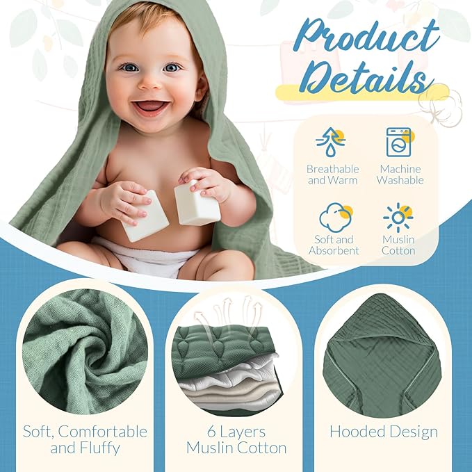 VitalCozy 12 Pcs Baby Muslin Hooded Bath Towels and Washcloths, Muslin Hooded Baby Towels Absorbent Blankets for Gift Newborn Infant Shower (Green Blue Gray)