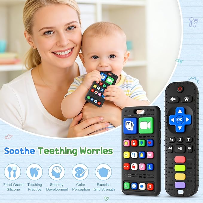 2 Pack Baby Teething Toys 3-6 Months, Silicone Phone and Remote Teether Toys for Baby 6-12-18 Months, Sensory Chew Toys, BPA Free Infant Teething Relief for Boys Girls, Baby Birthday Shower Gifts