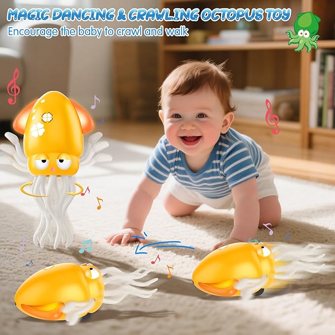 AOTIBO Baby Dancing Octopus Toy for 1 2 3 4 5 Year Old Boy Girl, Baby Tummy Time Electric Crawling Octopus Toys 12-18 Months, Dancing Squid Toy for Walking Toddlers, Kids 1st Birthday Gifts, Yellow