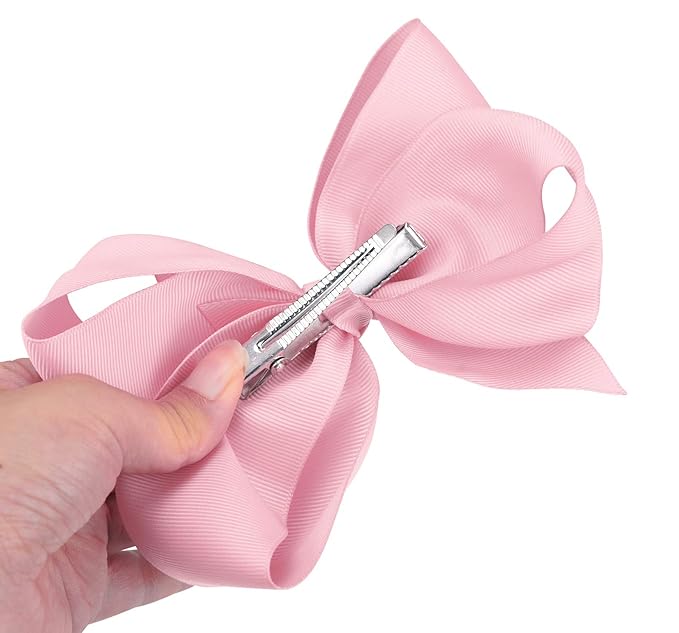 DEEKA 2 PCS 6" Big Hand-made Grosgrain Ribbon Solid Color Hair Bows Alligator Clips Hair Accessories for Little Teen Toddler Girls Kids Set of 2 -Light Pink