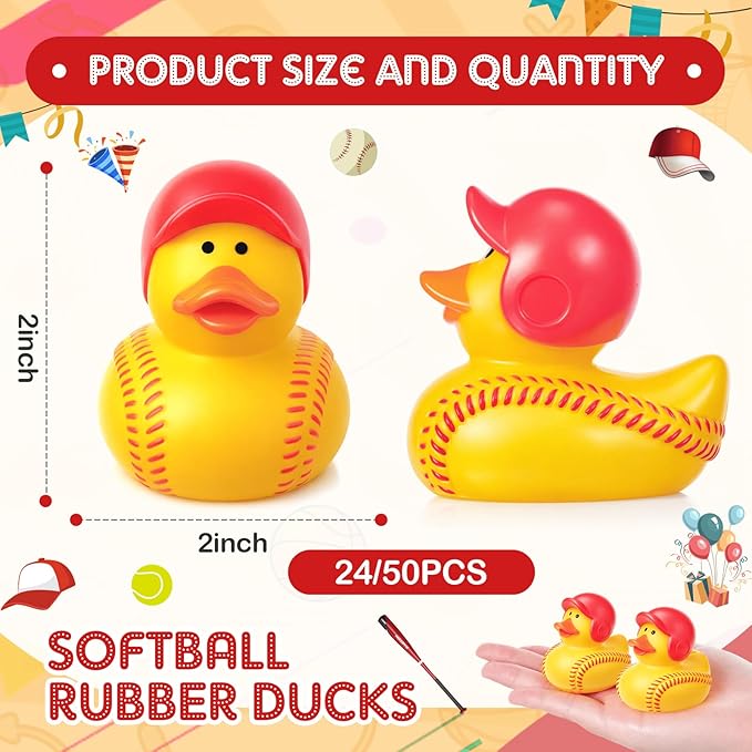 Deekin 24 Pcs Rubber Ducks 2 Inch Bulk Sport Party Favors for Team Events Decorations Birthday Party Supplies Club Player Gift (Softball Player)