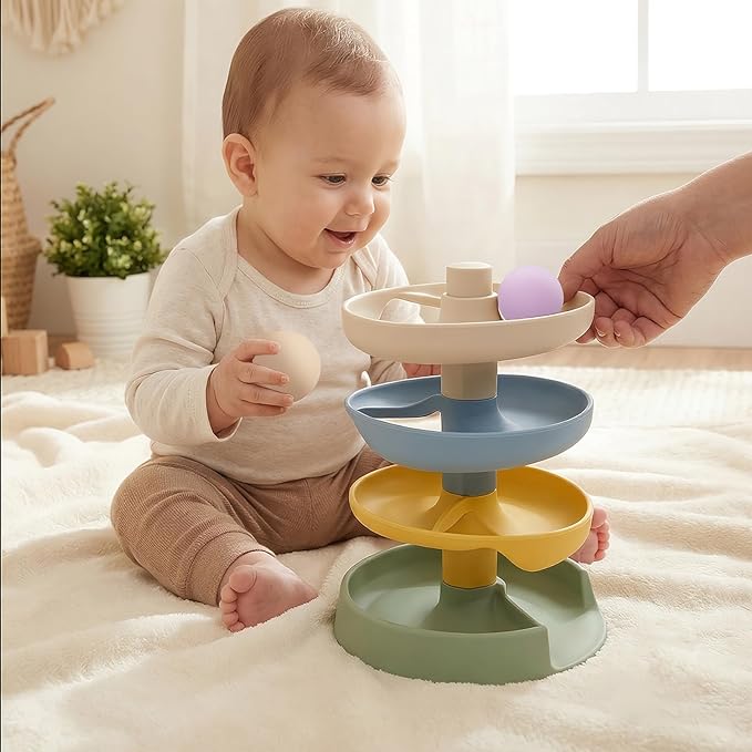Little Rawr Silicone Ball Drop Tower Toy for Toddlers, 4-Tier Rolling Ramp Track with Wooden Balls, Soft Food-Grade Silicone Montessori Toy for Early Learning, Fine Motor Skill Development, Ages 1–3