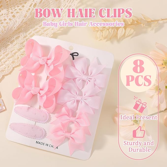 choicbaby 8pcs Baby Girl Hair Bow Clips Set, Pink Toddler Hair Clips Boutique Grosgrain Ribbon Bow Hair Barrettes Accessories for Infant Toddler Kids