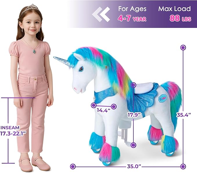 PonyCycle Rainbow Ride-on Unicorn Walking Pony Riding Horse Ride on Toy Advanced Model Y with Saddle Size 4 for Kids Ages 4-7, Indoor Outdoor with Wheels for Children Y454