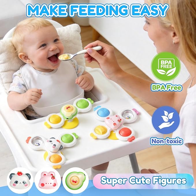 3PCS Suction Cup Spinner for 1 Year Old,Montessori Baby Bath Toys for 0-6-12 Months,Rattle Spinners for Toddlers 1-3,Sentory Toys for 1 Year Old Boys and Girls