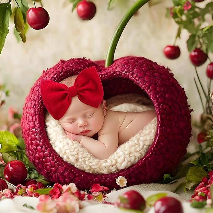 2 Pcs Baby Girl Headbands 6’’ Red Bows Cherry Hair Accessories Summer Outfits for Newborn Infant Toddler Girls Clothes