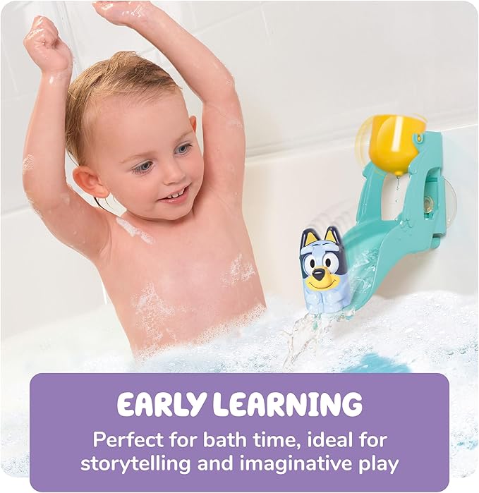 TOMY Toomies Bluey’s Water Slide - Includes Water Slide with Suction Cup, Clip On Bucket and Bluey Figure - Interactive Toddler Bath Toys - Ages 18 Months and Up