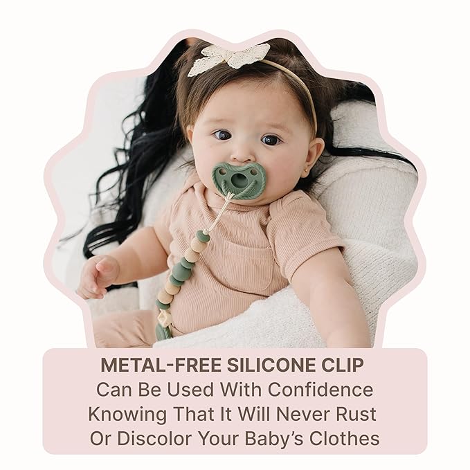 Silicone Pacifier Clip – Metal-Free, Rust-Free, 100% Food-Grade Silicone and Natural Beech Wood, Secure Pacifier Holder – Olive - Mila & Lulu