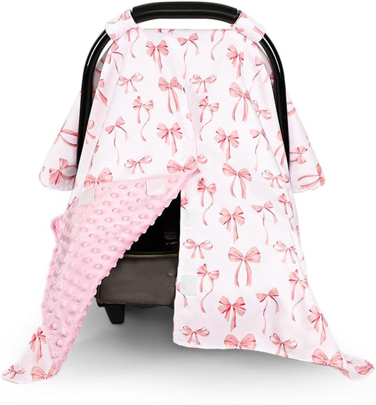 Baby Car Seat Cover, Minky Carseat Cover Baby Girl, Peekaboo Opening Infant Car Seat Cover, Warm Baby Car Seat Canopy for Winter, Pink Bow