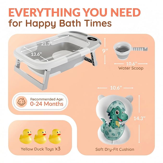 Collapsible Baby Bathtub for Newborn Infant Girl & Boy 0-24 Months, Foldable Portable Bathtub with Thermometer, Heat Sensor, Drain Plug, Water Scoop, Dino Cushion Pillow, Travel Bath Tub for Shower