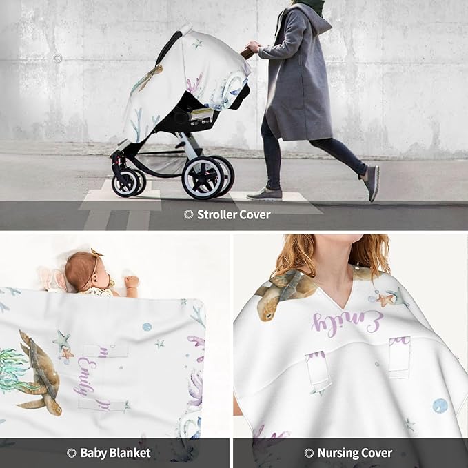 Personalized Baby Car Seat Canopy for Babies, Custom Name Car Seat Covers for Baby Girls, Sea Turtle Opening Minky Nursing Breastfeeding Cover for Infant, Carseat Canopies for Newborn