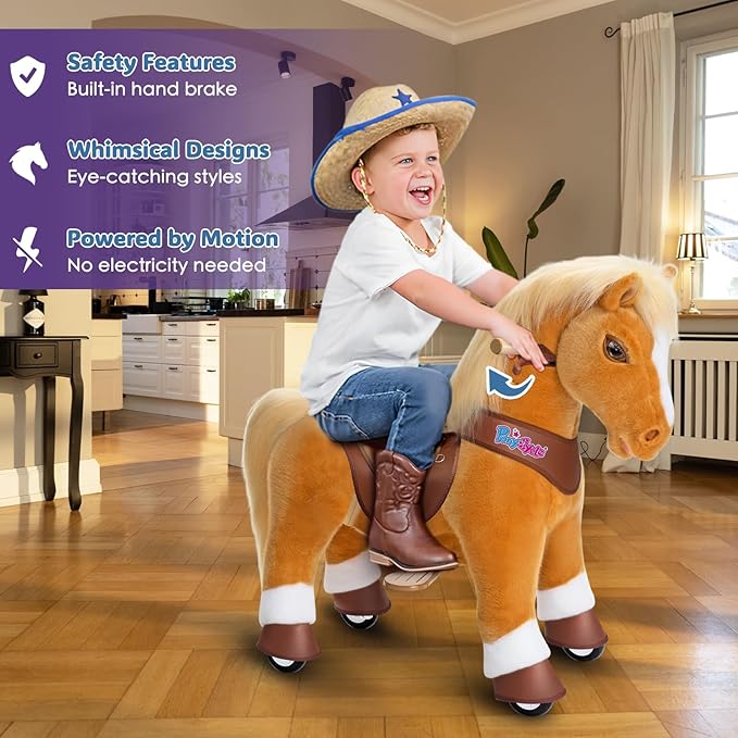 PonyCycle Ride on Horse Pony Toys Size 4 Plush Mechanical Advanced Model Y with Brake Riding Horse for Kids Ages 4-7, Birthday Gift for Boys and Girls Light Brown Y471