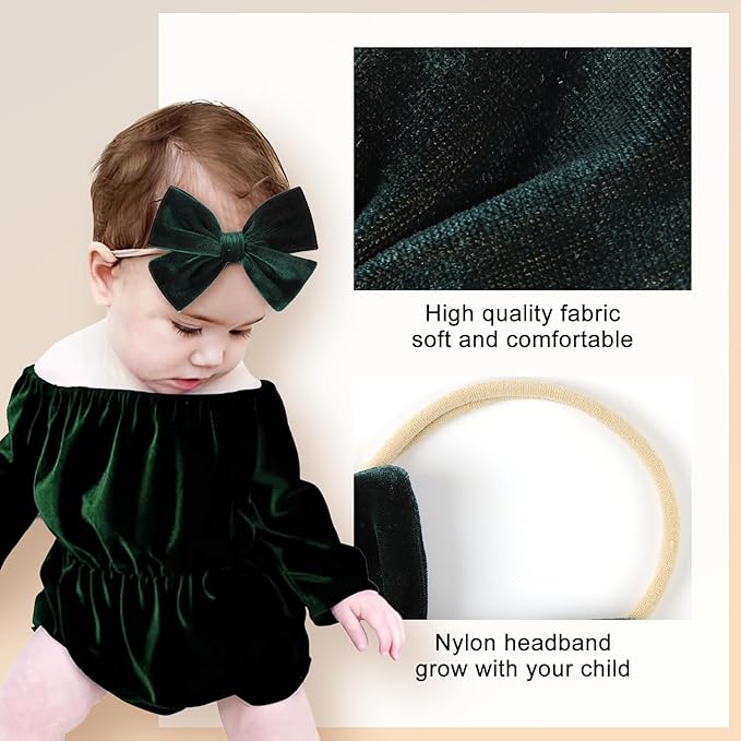 Baby Girls 4" Velvet Hairband Handmade Tied Bow Elastic Nylon Hair Accessories, 3 Pcs Red, Green, Dark Green