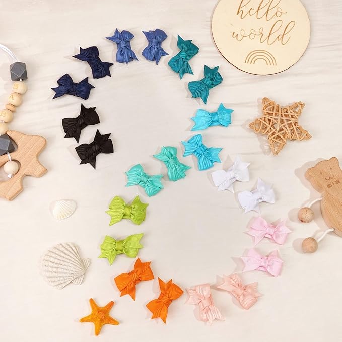 CÉLLOT 40Pcs Baby Snap Hair Clips Grosgrain Ribbon Tiny Baby Bows in 20 Colors for Infant Toddlers Fine Thin Hair (Dovetail Style)