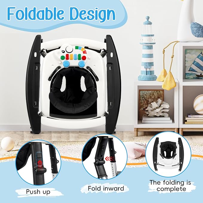 5 in 1 Baby Walker Foldable Music and Lights with 5 Adjustable Heights, Baby Walker with Wheels Portable, Infant Toddler Walker for Baby Boy Girls 6-18 Months (Black)