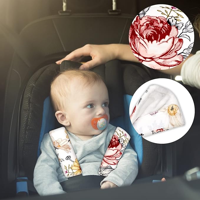 Floral Baby Car Seat Cover Girls, Infant Carseat Canopy, Baby Car Seat Strap Covers Shoulder Pads for Baby Kid, Super Soft Infant Carseat Belt Covers for All Car Seat Stroller