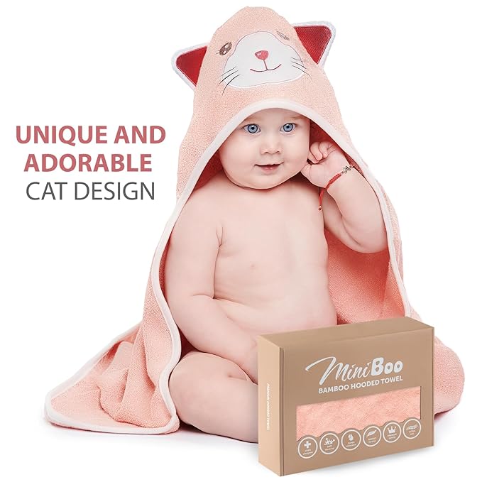 MINIBOO Hooded Baby Towels for Newborn & Toddler - Super Soft Baby Bath Towels with Hood, Highly Absorbent Viscose Made from Bamboo Hooded Towel for Girls, Newborn Essentials
