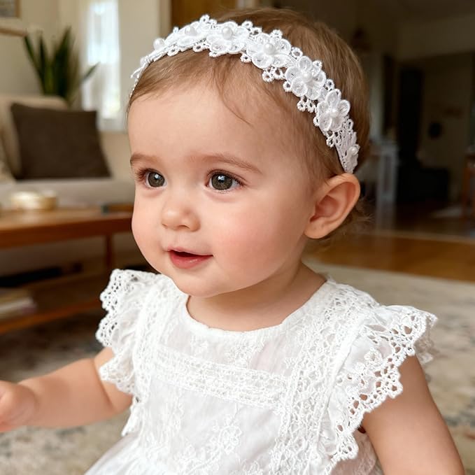 Baby Girls Hairband White Bow Lace Headbands Handmade Soft Stretchy Wide Head Band Newborn Hairbands with Bows Pearls Elastic Headband for Infant Hair Accessories (Pearl flowers)
