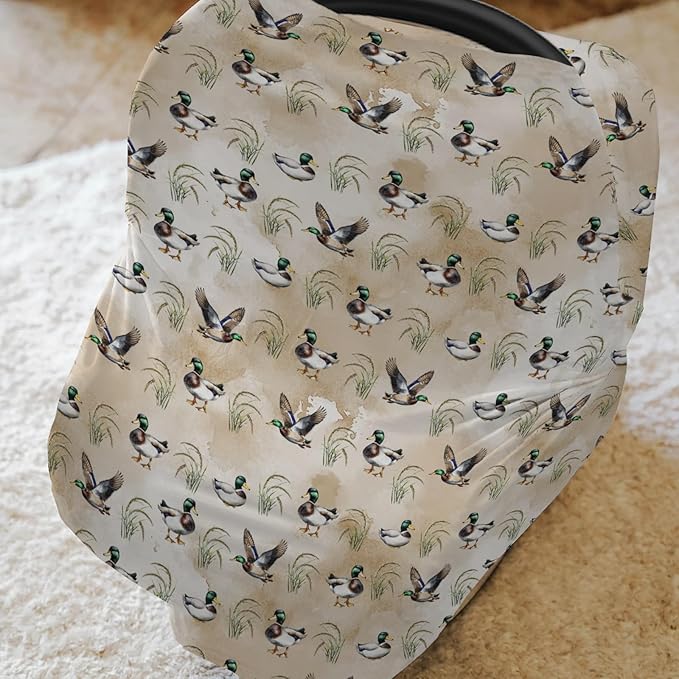 Vintage Mallard Duck Baby Car Seat Covers Green Ducks Lake Stretchy 5-in-1 Cover Adjustable Infant Carseat Cover Canopy Hunting Ducks Breathable Nursing Cover-Up