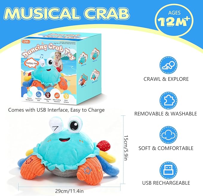 Baby Toys 1 Year Old 6-12 Month Tummy Time Toys Crawling Crab Musical Dancing Walking Moving Bouncing Learning Sensory Toys for 1-3 Year Old Boy & Girl