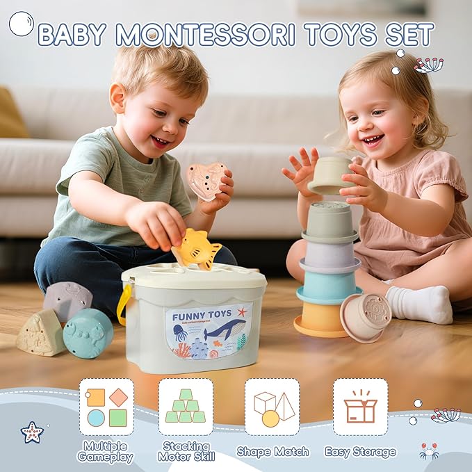 Baby Bath Toys, 21PCS Mold Free Bath Toys for Kids Ages 1-3 with Montessori Shape Sorter and Educational Stacking Cups for Babies 6-12 Months, Tub Water Pool Beach Toy for Toddler 1-3 with Storage Bin