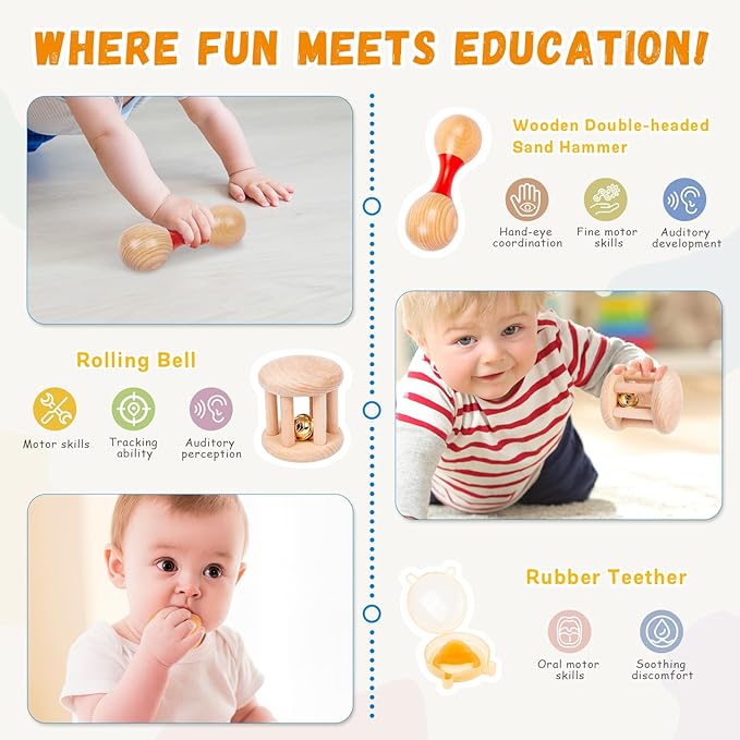 Adena Montessori Play Kit for 3-4 Months Baby,8 in 1 Wooden Learning Educational Toys for Toddler,Include Framed Mirror Book,High-Contrast Cards and More,Christmas Birthday Gift for Boys Girls