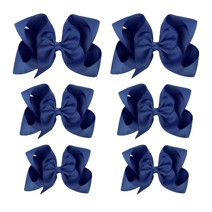 Navy Blue Hair Bow For Girls and Toddler - 6 pcs Grosgrain Alligator hair bows clips (6inch ×2, 4inch ×2, 3inch ×2)