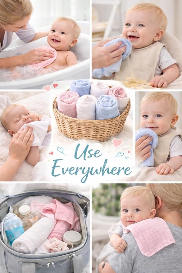 Baby Washcloths, 3-Pack, 100% Cotton Soft Absorbent, 6-Layer Muslin Wash Cloths and Face Towels, Baby Bath Essentials for Newborns, Babies and Toddlers, 8x8 inches (Mocha)