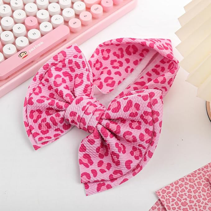 YanJie 7'' Bows for Baby Girl Pink Leopard Print Headbands for Girls Hot Pink Bow Toddler Hair Accessories Newborn Infant Baby Headband