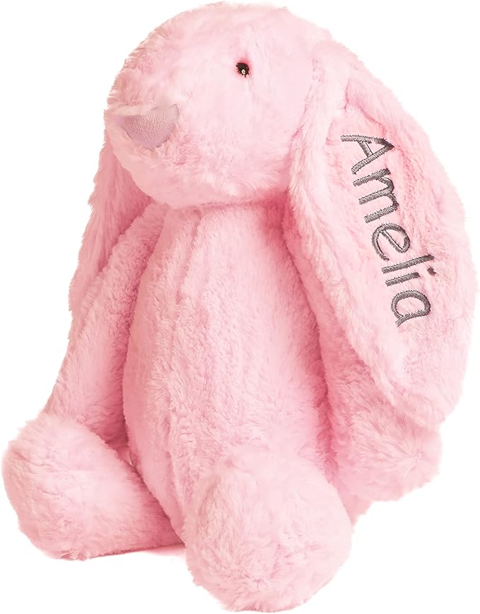 Personalized Super Soft Plush Bunny - Stuffed Animal Toy for Kids - Custom Gift with Embroidered Name on Ear for Easter, (Pink, Medium)