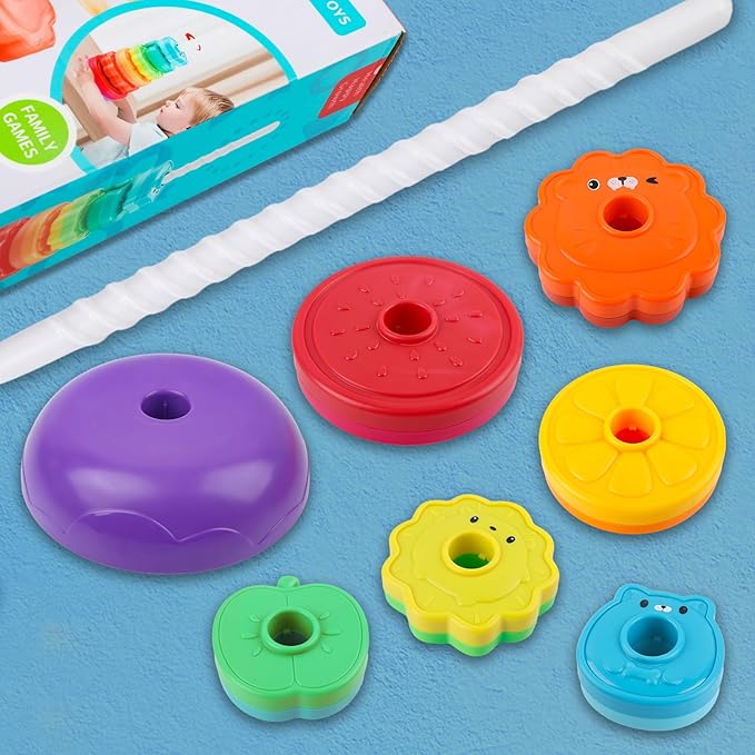 BYFWH Spinning Stacking Toys for Babies 12+ Month Rainbow Ring Flowers Animals Fruits Theme Stacker ABS Toys for Toddlers 1-3 Montessori Educational Learning Sensory Toy,Stacking Toy for Kids