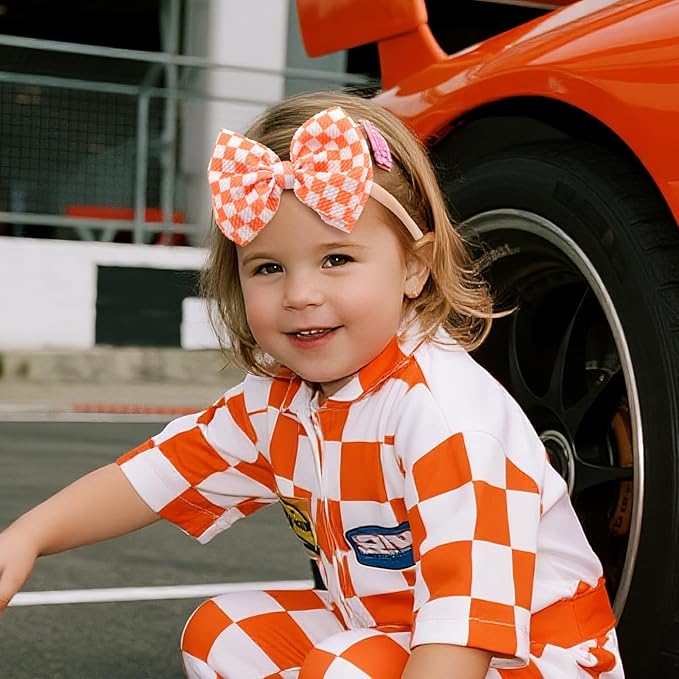 YanJie 3PCS 4.5’’ Checkered Bows for Baby Girls Headbands Orange Headband Beige Hair Accessories for Girls Newborn Girl Clothes Baby Girl Outfits