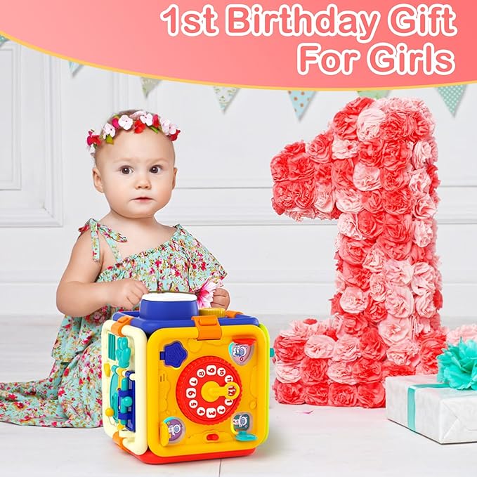 Covsen Montessori Toy for 1+ Year Old Girl Gift – 6-in-1 Busy Board for Toddlers 1 2 3 4 Year Old – Educational Sensory Early Development Toys– First 1st Birthday Gifts for Kids