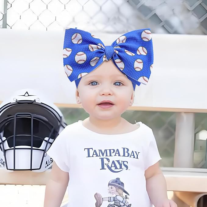 7'' Large Baseball Baby Girl Bows Soft Nylon High Stretchy Headbands for Girl Blue Tied Hairbands with Bows Hair Accessories for Infant Newborn